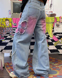 Fashionkova Pink Butterfly Wide Leg Jeans