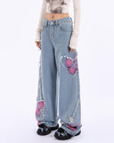 Fashionkova Pink Butterfly Wide Leg Jeans
