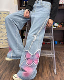 Fashionkova Pink Butterfly Wide Leg Jeans