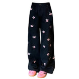 Fashionkova Pink Rose Embroidery Wide Leg Pants