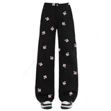 Fashionkova Pink Rose Embroidery Wide Leg Pants