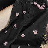 Fashionkova Pink Rose Embroidery Wide Leg Pants