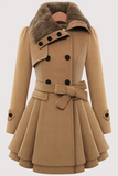 Fashionkova - Red Fashion Elegant Buckle With Belt Turndown Collar Outerwear