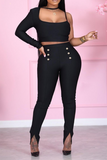 Fashionkova - Black Fashion Solid Buckle Slit Boot Cut High Waist Speaker Solid Color Bottoms