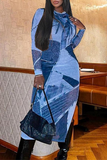 Fashionkova Blue Street Geometric Patchwork Slit O Neck One Step Skirt Dresses