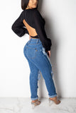 Fashionkova - Blue Denim Button Fly Zipper Fly High Hole Zippered Pocket washing pencil Pants Pants