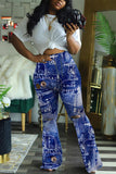 Fashionkova - Blue Fashion Casual Print Pants Regular Trousers