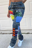 Fashionkova - Blue Casual Print Regular Mid Waist Speaker Bottoms