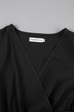 Fashionkova Black Casual Solid Frenulum Pleated V Neck Long Sleeve Dresses