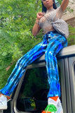 Fashionkova - Blue venetian Zipper Fly Mid Print Zippered Straight Pants Bottoms