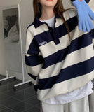 FashionKova - Vintage Polo Collar Striped Oversized Tee