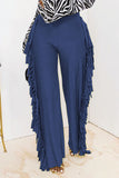 Fashionkova - Black Fashion Solid Tassel Straight High Waist Straight Solid Color Bottoms
