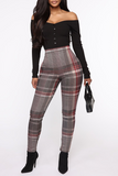 Fashionkova - Grey Casual Plaid Patchwork Skinny High Waist Pencil Full Print Bottoms