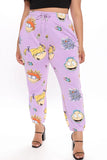 Fashionkova - Yellow and purple Drawstring Mid Print Character Straight Pants Bottoms