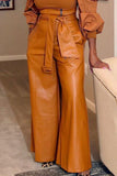 Fashionkova - Brown Fashion Casual Adult Faux Leather Solid Pants With Belt Straight Bottoms