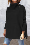 Fashionkova - Black Casual Solid Slit Turtleneck Tops