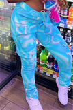 Fashionkova - Sky Blue Blends Elastic Fly Mid Print Straight Pants Bottoms