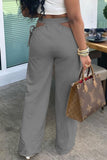 Fashionkova - Grey Casual Solid Hollowed Out Draw String Boot Cut Wide Leg Patchwork Bottoms