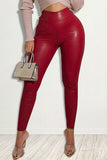 Fashionkova - Red Fashion Casual Solid Skinny High Waist Trousers