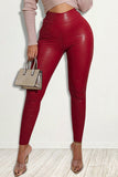 Fashionkova - Red Fashion Casual Solid Skinny High Waist Trousers