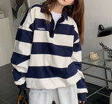 FashionKova - Vintage Polo Collar Striped Oversized Tee