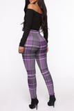 Fashionkova - Grey Casual Plaid Patchwork Skinny High Waist Pencil Full Print Bottoms