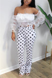 Fashionkova - White venetian Zipper Fly Mid Dot Print Straight Pants Bottoms