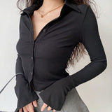 FashionKova - Polo Neck Long Sleeve Rib Blouse