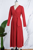 Fashionkova Red Casual Solid Frenulum Pleated V Neck Long Sleeve Dresses