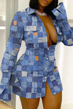 Fashionkova Green Yellow Sexy Print Patchwork Buckle Turndown Collar Shirt Dress Dresses