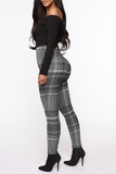 Fashionkova - Grey Casual Plaid Patchwork Skinny High Waist Pencil Full Print Bottoms
