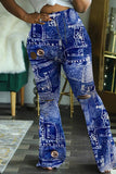 Fashionkova - Blue Fashion Casual Print Pants Regular Trousers