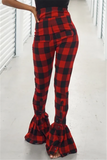Fashionkova - Red Elastic Fly Sleeveless High Plaid Skinny Boot Cut Pants