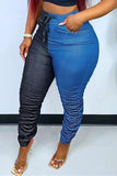 Fashionkova - Blue Black Fashion Casual Patchwork Fold Regular High Waist Pencil Patchwork Bottoms