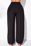 Fashionkova - Black Fashion Casual Solid See-through Slit Regular High Waist Trousers