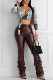 Fashionkova - Wine Red PU Zipper Fly Sleeveless Mid Zippered Draped Solid Pants Pants Pants