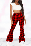 Fashionkova - Red Sexy Plaid Patchwork Boot Cut Mid Waist Speaker Full Print Bottoms