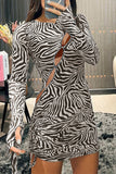 Fashionkova Zebra Sexy Celebrities Zebra Print Hollowed Out Patchwork Draw String Printing O Neck Mesh Dress Dresses