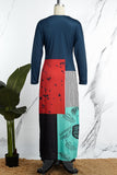 Fashionkova Grey Casual Print Patchwork O Neck Long Sleeve Dresses