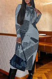Fashionkova Blue Street Geometric Patchwork Slit O Neck One Step Skirt Dresses