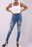 Fashionkova - Light Blue Denim Zipper Fly Mid Old Zippered washing pencil Pants Pants