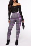Fashionkova - Grey Casual Plaid Patchwork Skinny High Waist Pencil Full Print Bottoms