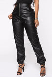 Fashionkova - Black PU Zipper Fly Mid Zippered Solid Straight Pants Pants