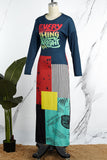 Fashionkova Grey Casual Print Patchwork O Neck Long Sleeve Dresses