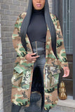 Fashionkova - Green Turndown Collar Letter Print Camouflage Patchwork Print Long Sleeve Coats & Cardigan