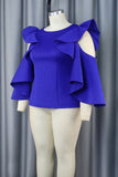 Fashionkova - Blue Casual Solid Hollowed Out Patchwork Flounce O Neck Tops