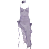 FashionKova - Shiny Ruffle Asymmetric Slit Hem Flower Maxi Dress