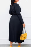 Fashionkova Red Casual Solid Frenulum Pleated V Neck Long Sleeve Dresses
