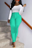 Fashionkova - Cyan venetian Button Fly Mid Solid Draped Straight Pants Bottoms