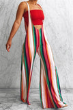 Fashionkova - Multi-color Bib pants Sleeveless Low Striped Loose Pants Pants